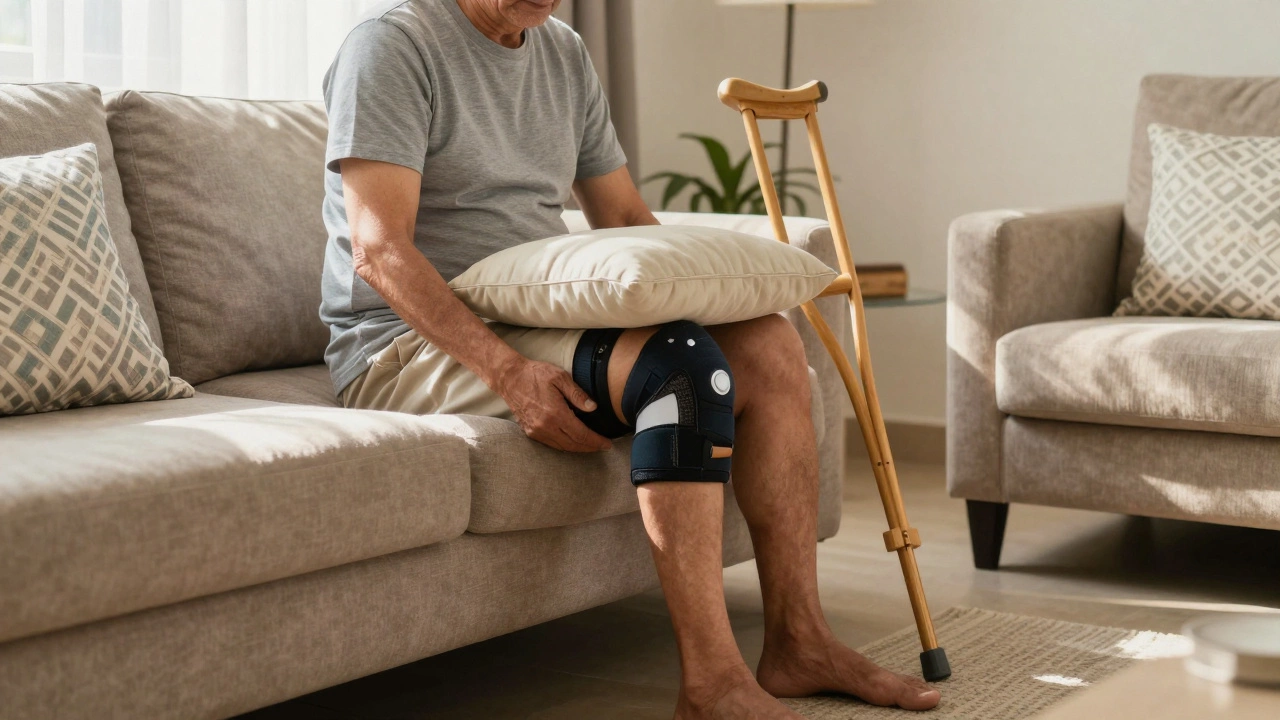 Older adult exercising leg at home during rehab