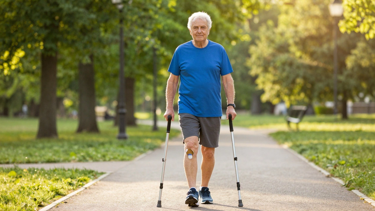 Senior walking independently in park after knee surgery