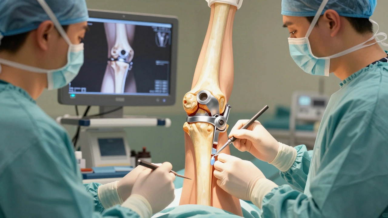 Surgeon aligning knee implant during replacement using real-time imaging for precision.