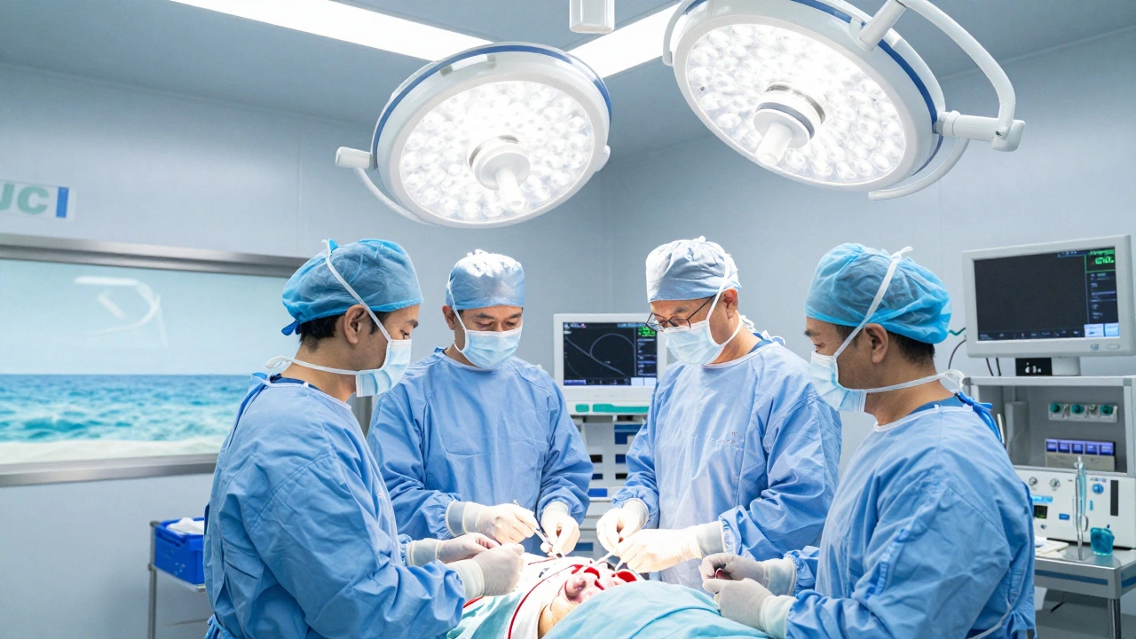 Surgeons performing a heart bypass in a modern Indian hospital with advanced monitors and ocean view.