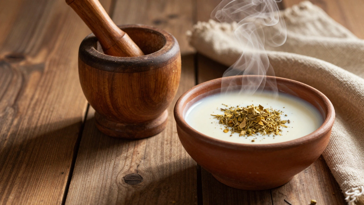Traditional Ayurvedic preparation with clay bowl and steaming herbal milk.