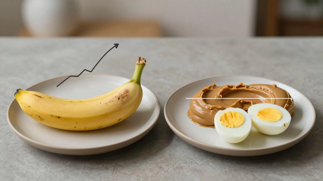 Two plates comparing banana alone versus paired with protein for blood sugar control.