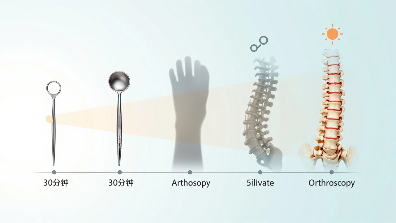 Visual timeline showing increasing surgery durations from minor to complex orthopedic procedures.