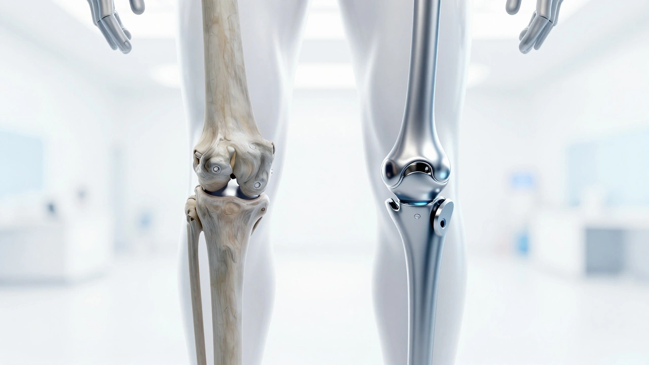3D medical render showing a worn human knee joint being replaced by a prosthetic implant