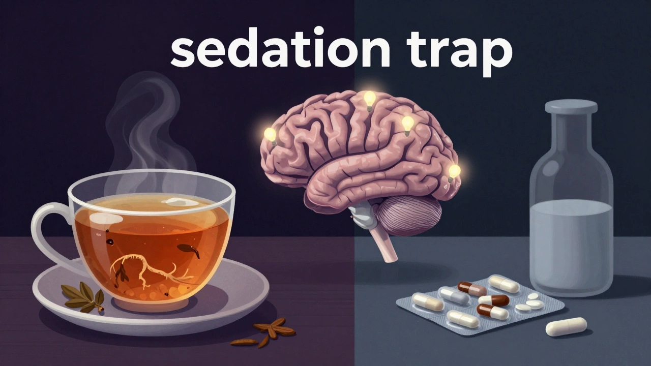 A conceptual image of herbal tea and sedative pills affecting brain receptors