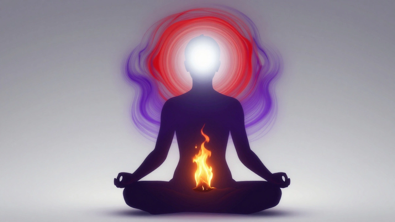 A meditating silhouette with a glowing digestive fire and a luminous mind representing balance.