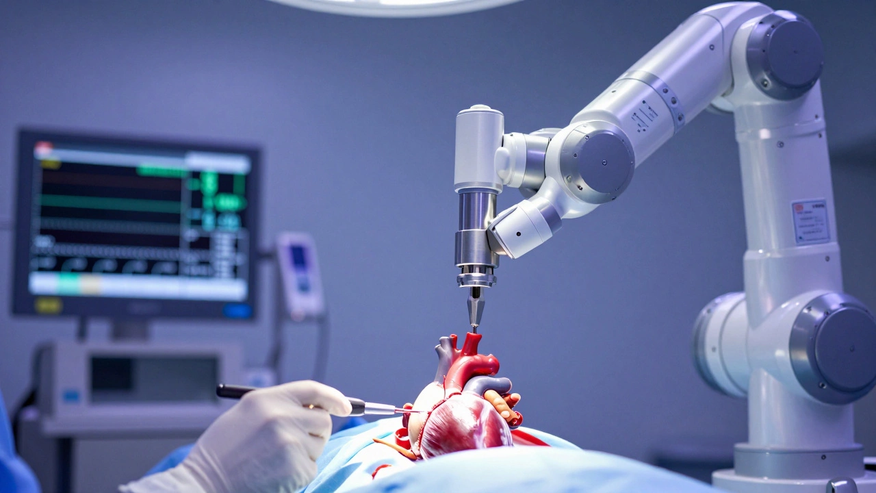 A modern robotic surgical arm performing a precise heart operation in a sterile room.