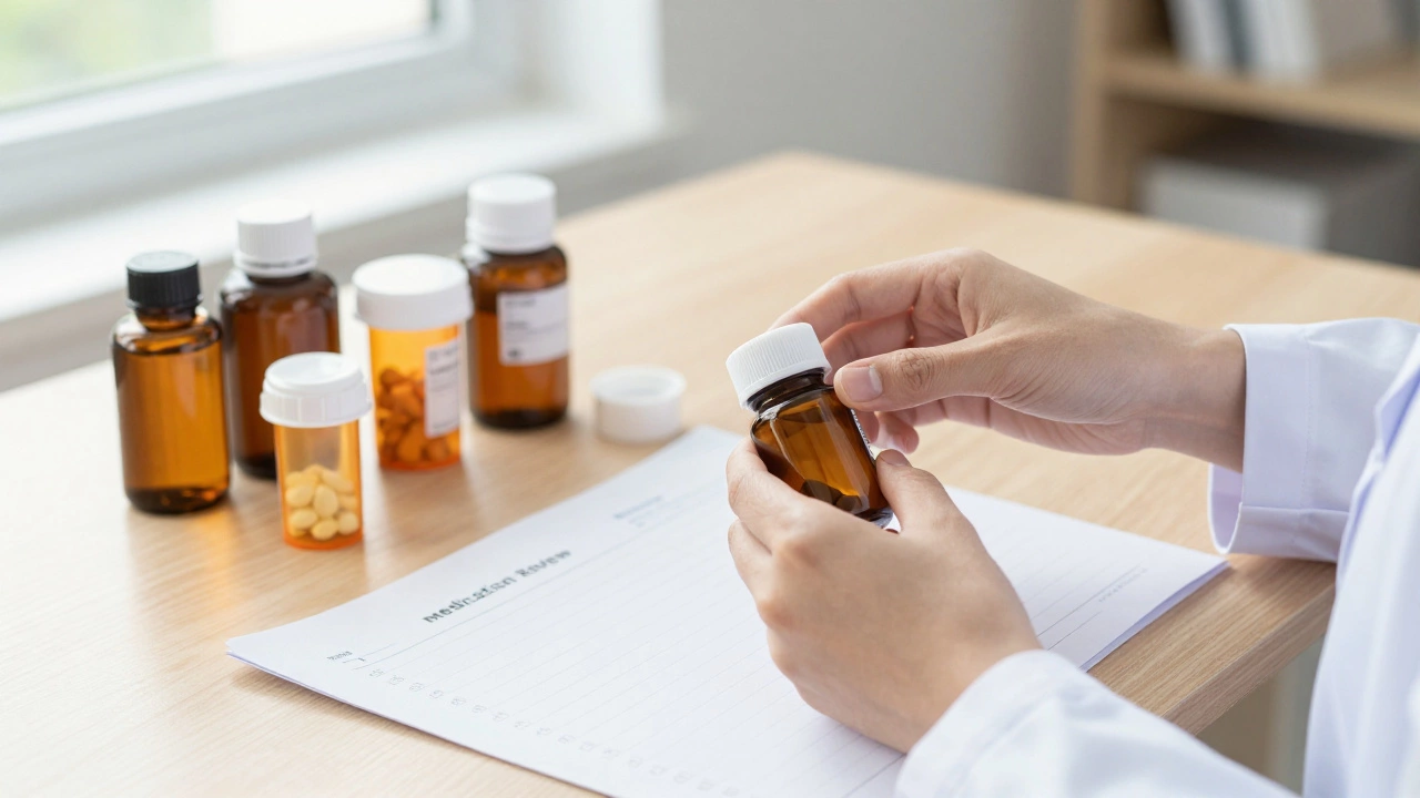 A pharmacist organizing herbal supplement bottles and prescription meds on a table