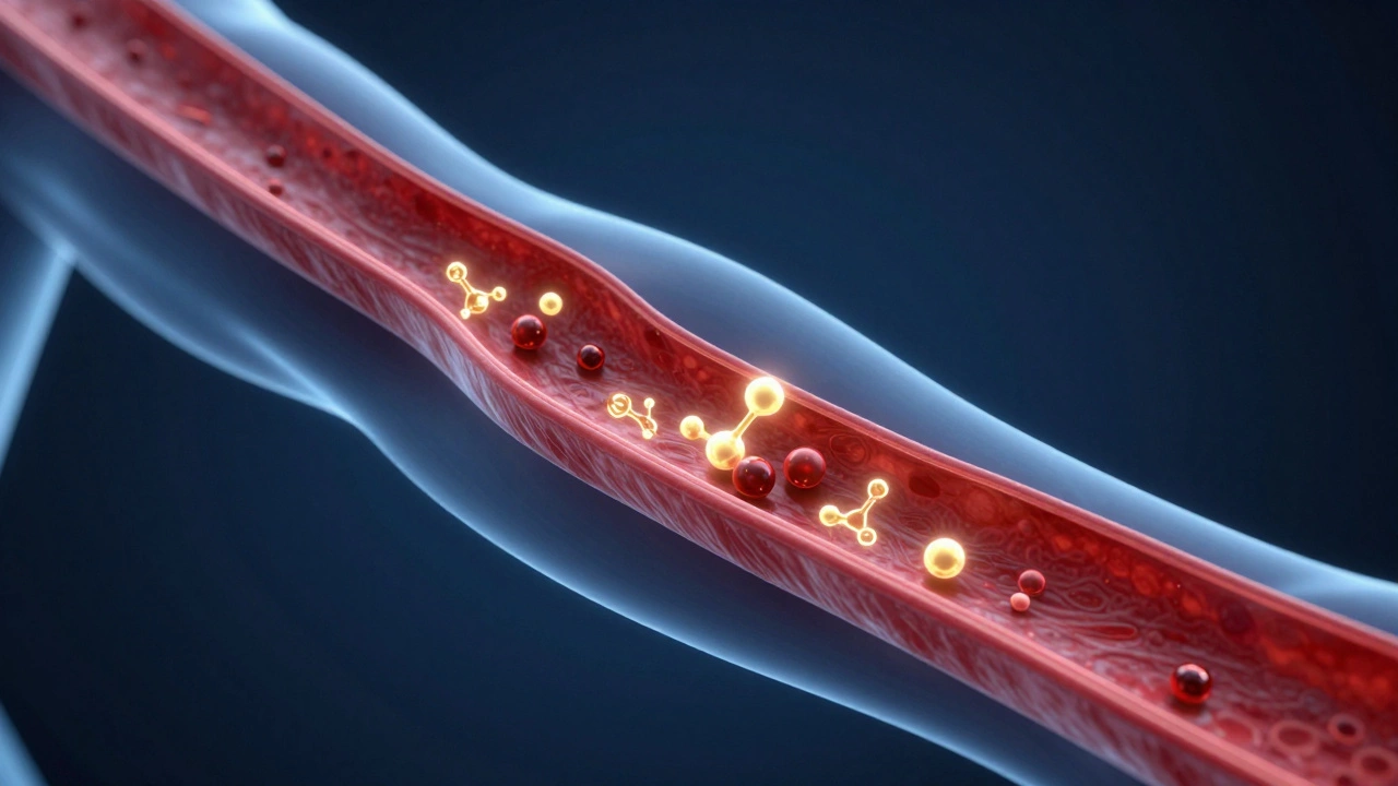 Conceptual 3D illustration of blood cells and molecules in a vein.