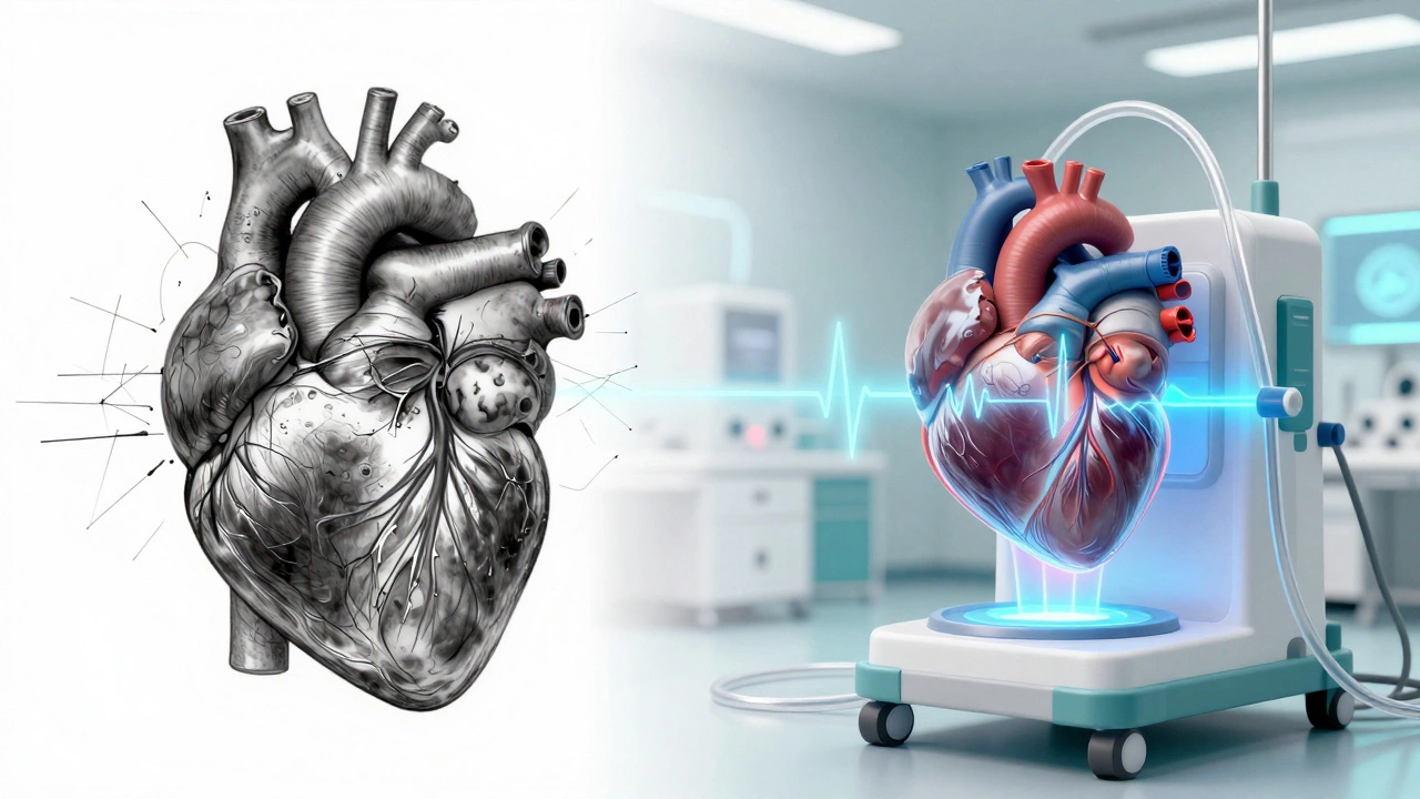 Conceptual art showing the evolution from early heart surgery to the heart-lung machine.