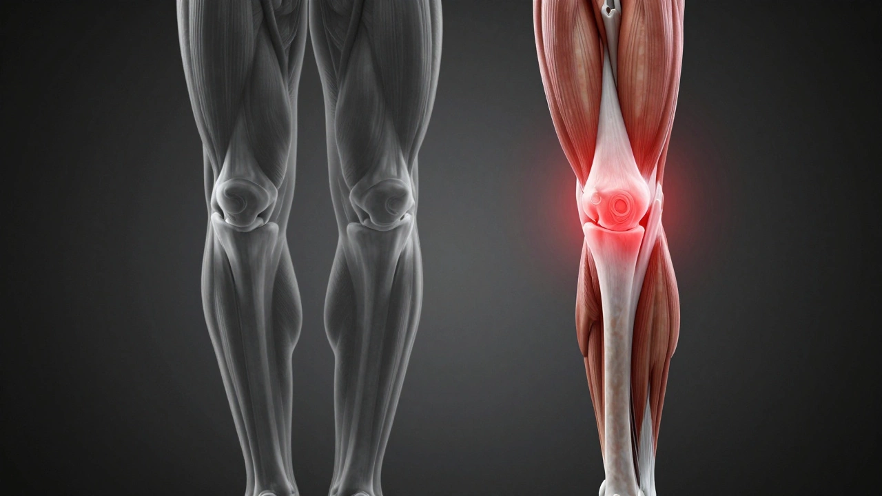Conceptual illustration showing the difference between a healthy leg and one with muscle atrophy