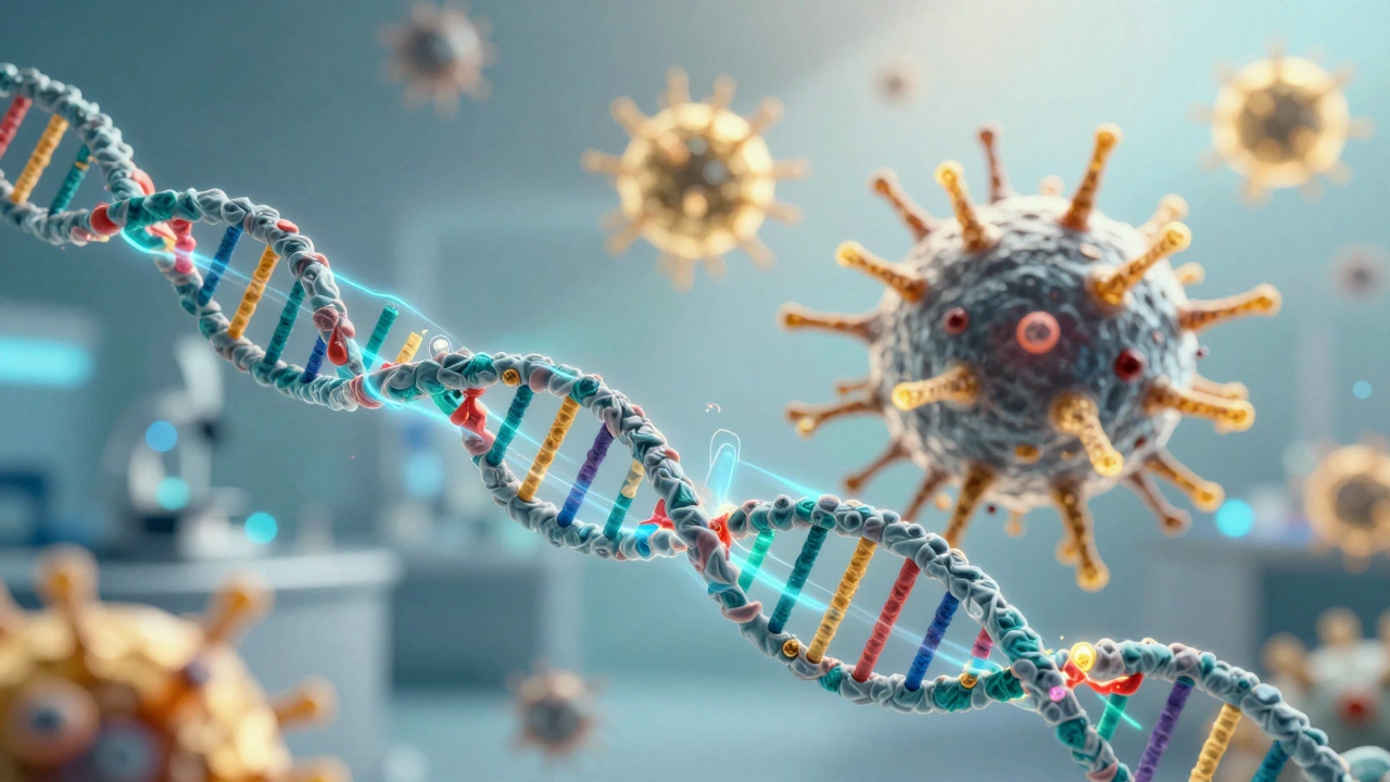 Holographic DNA analysis and T-cells attacking a cancer cell.