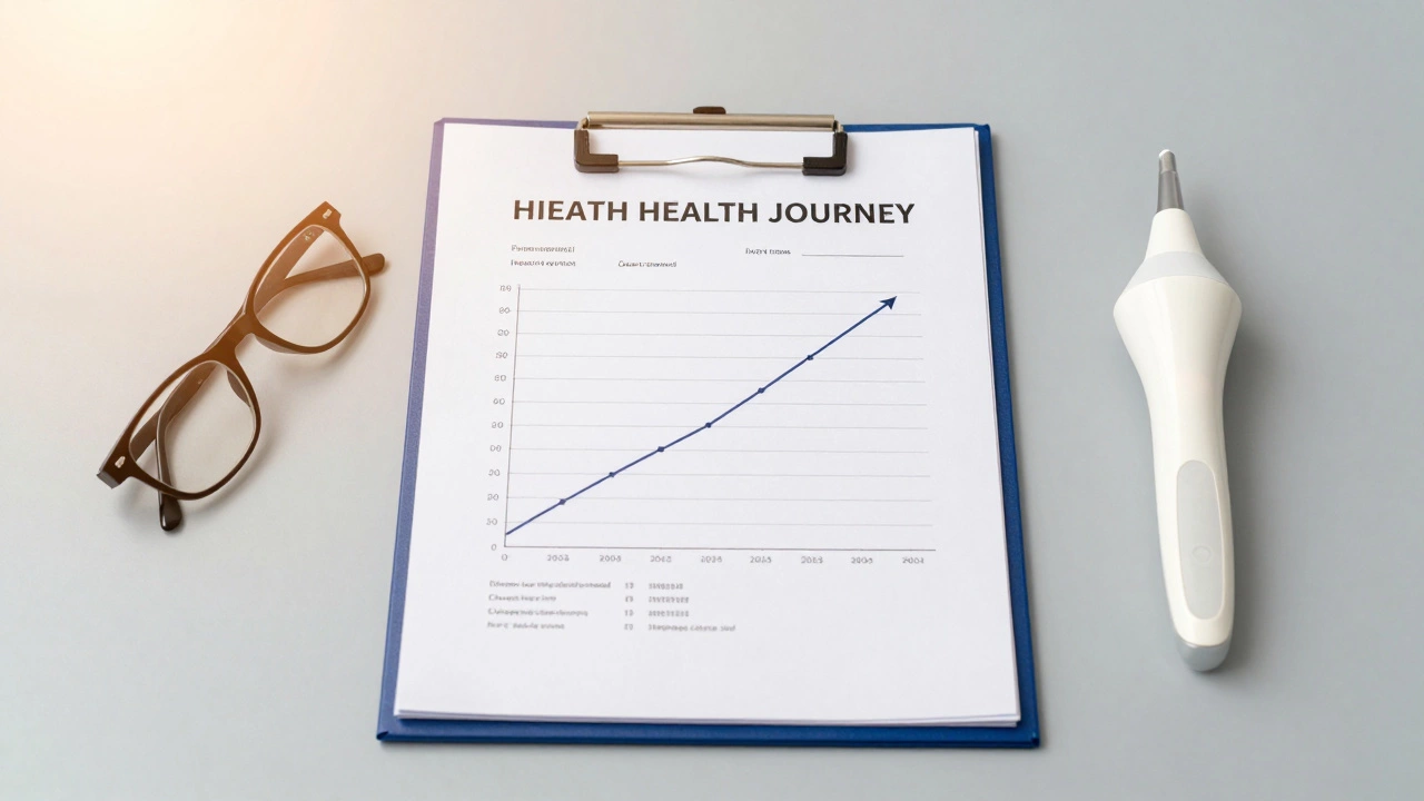 Medical report with a trend graph and ultrasound probe on a grey surface.