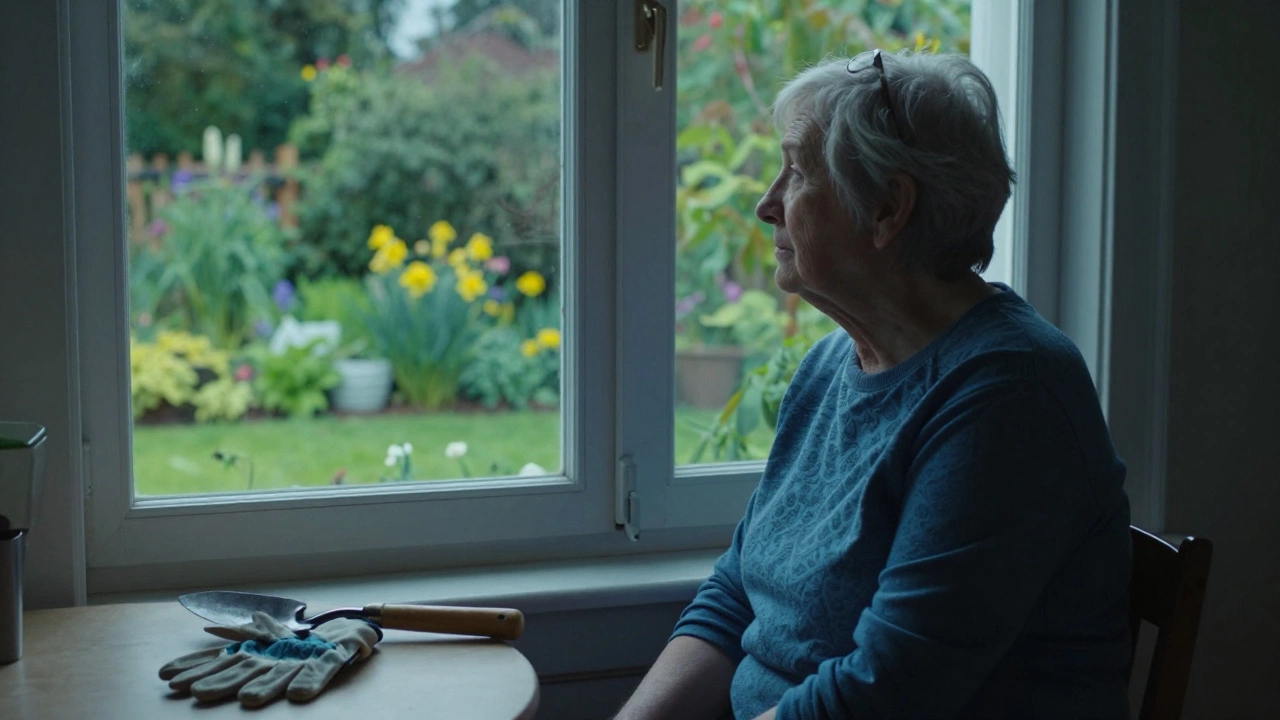 Older adult looking longingly at a garden they can no longer access