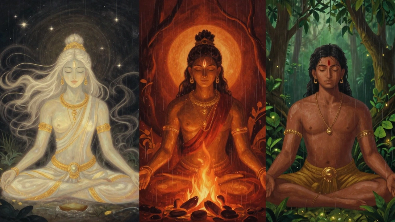 Three figures representing the Vata, Pitta, and Kapha doshas with their corresponding elements.