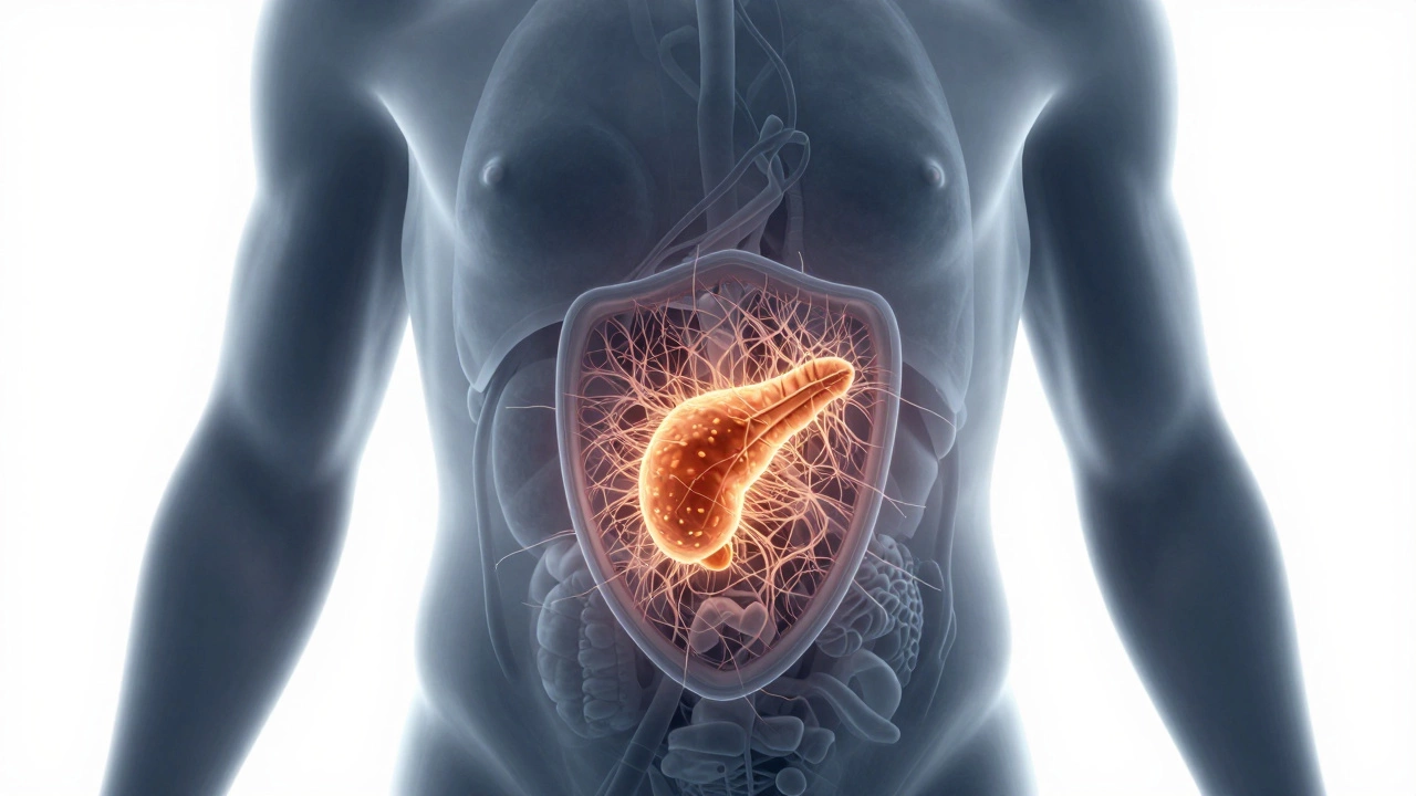 Translucent human silhouette showing a shielded tumor in the pancreas.