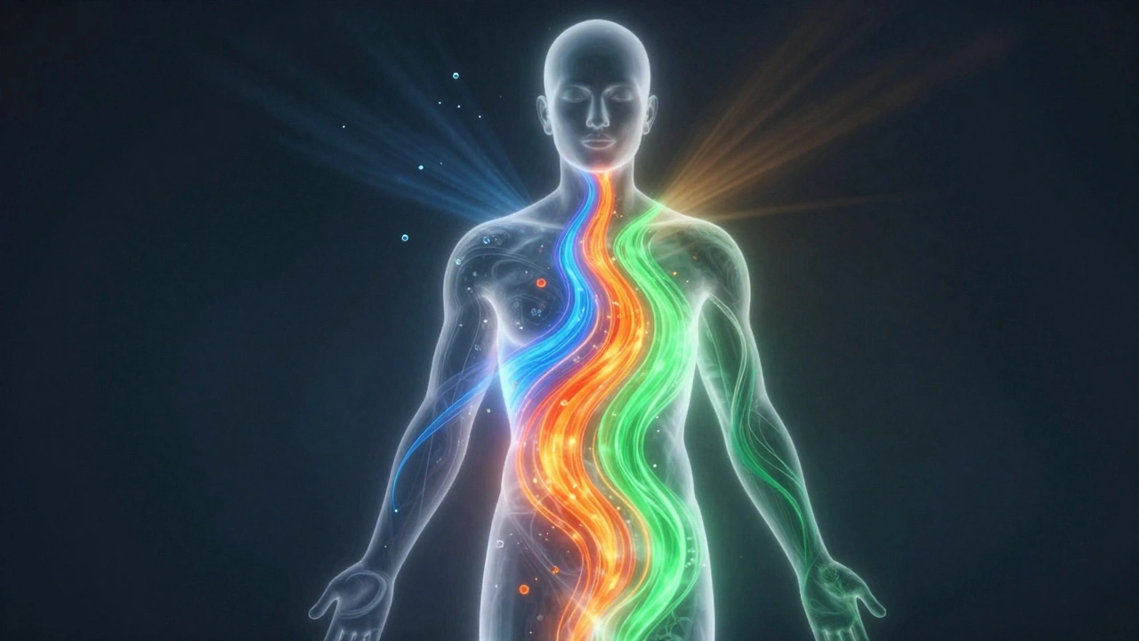 Abstract illustration of balanced Ayurvedic energy doshas.