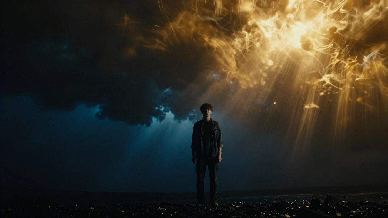 Figure caught between bright golden light and dark shadows, representing bipolar disorder