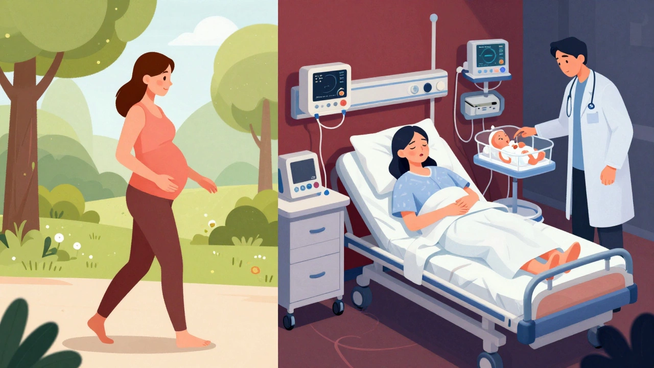 Illustration comparing healthy singleton pregnancy vs risky twin pregnancy