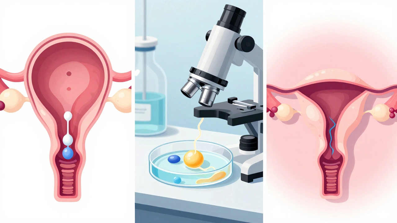 Illustration of IVF process from egg retrieval to embryo transfer