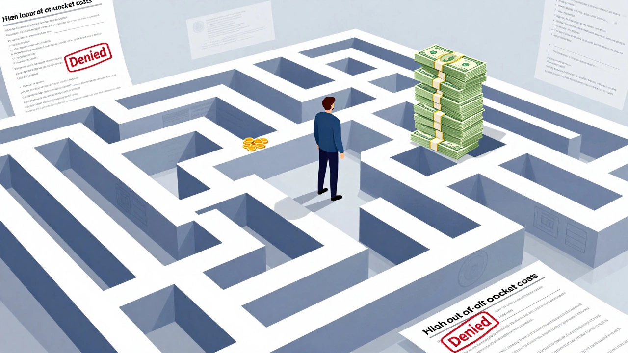 Illustration of patient navigating insurance maze for drug coverage