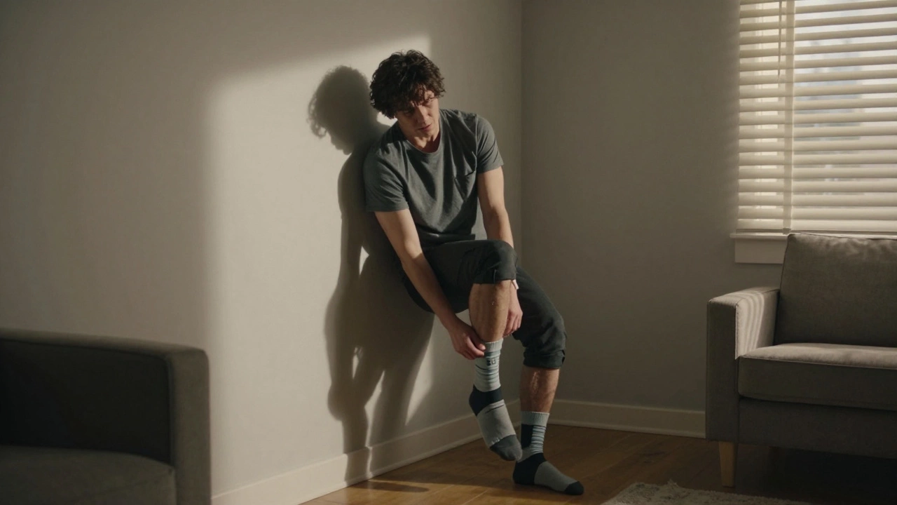 Person struggling to put on socks due to spinal surgery restrictions