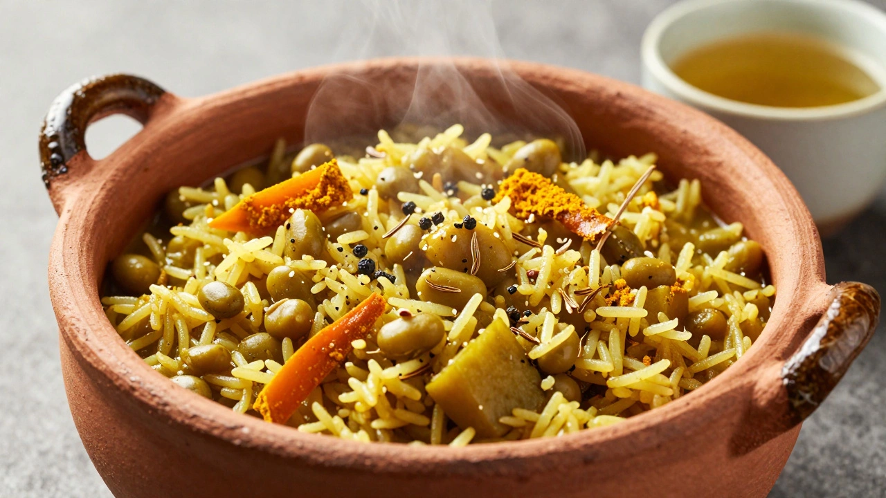 Steaming clay pot of Kitchari with spices and herbal tea.