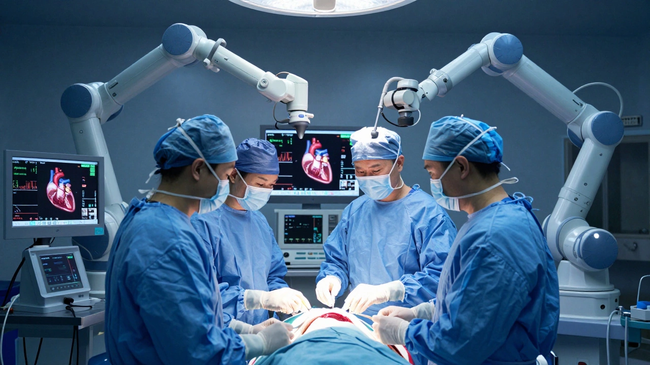 Surgeons performing robotic-assisted heart surgery in OR