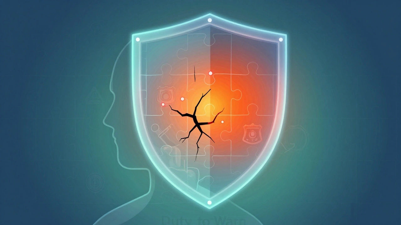 Abstract shield with cracks showing warning symbols