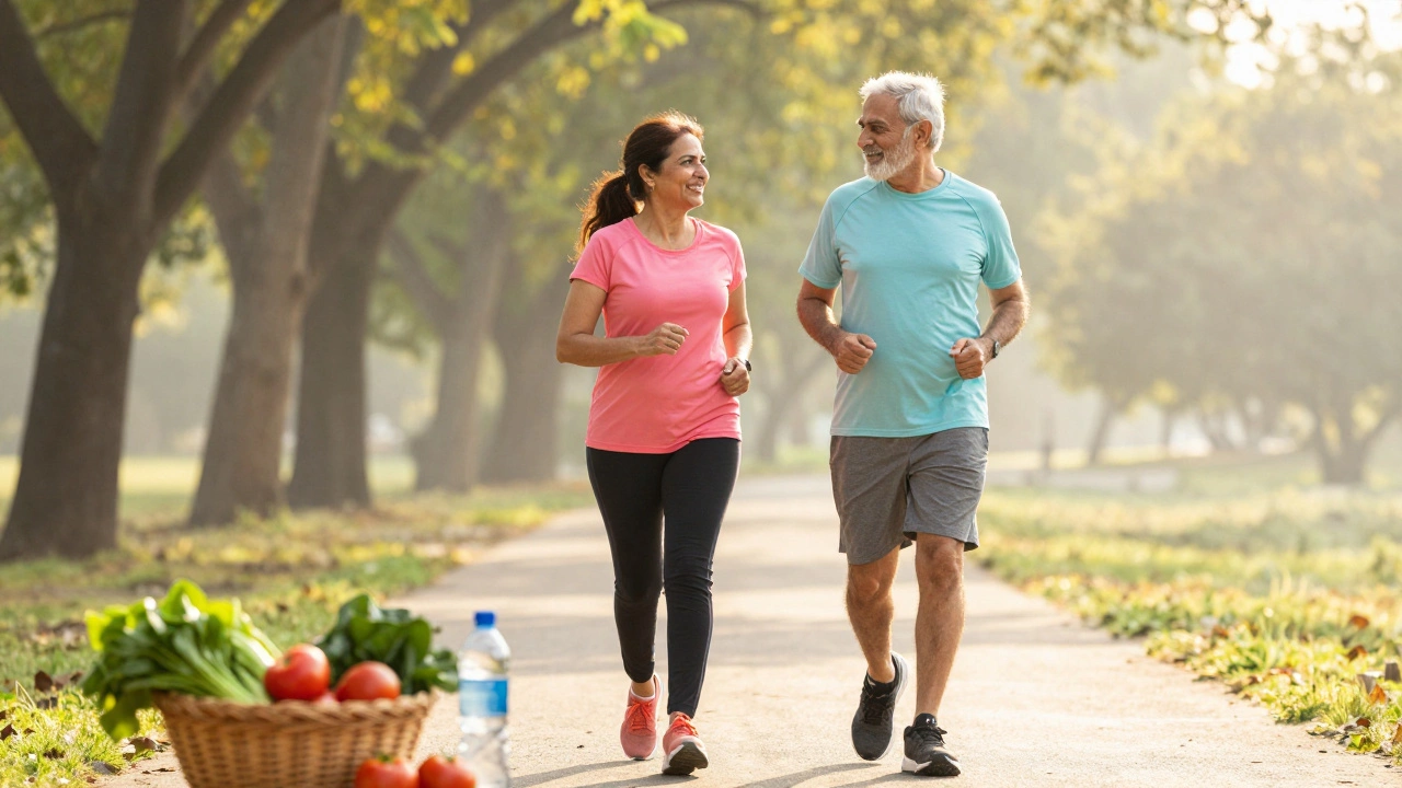 Active seniors walking in park representing healthy lifestyle post-surgery