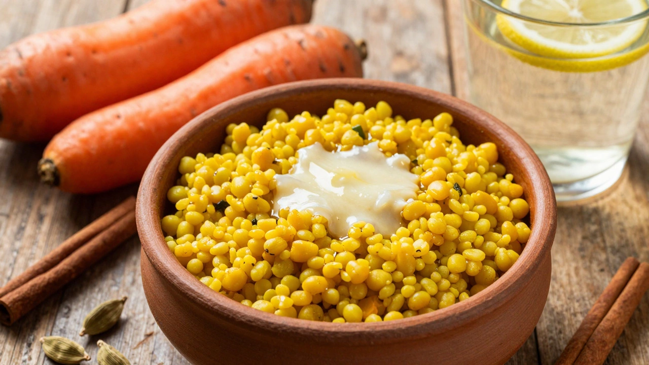 Bowl of yellow moong dal khichdi with ghee and spices on wood