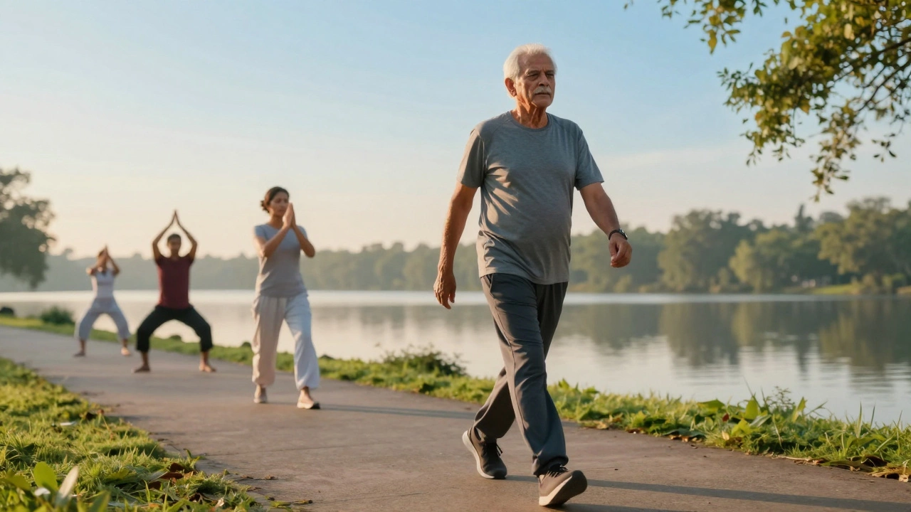 Elderly Indian man jogging happily at sunrise, symbolizing recovery and active living