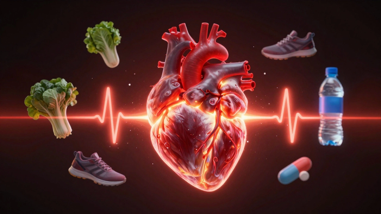 Glowing heart surrounded by icons of healthy food, exercise, and medicine