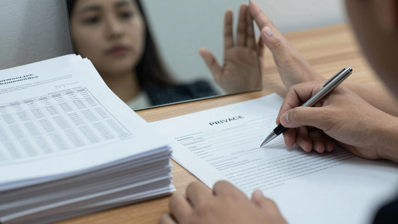 Hands covering a mirror behind medical documents
