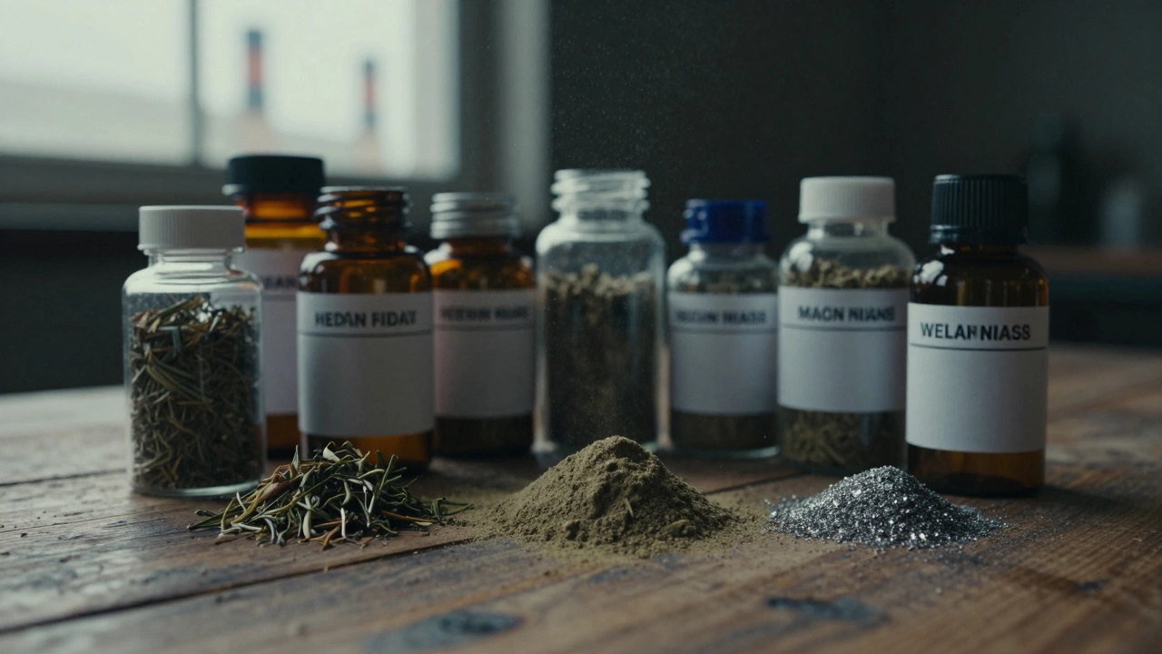 Herbal supplements on a table with industrial background hinting at contamination