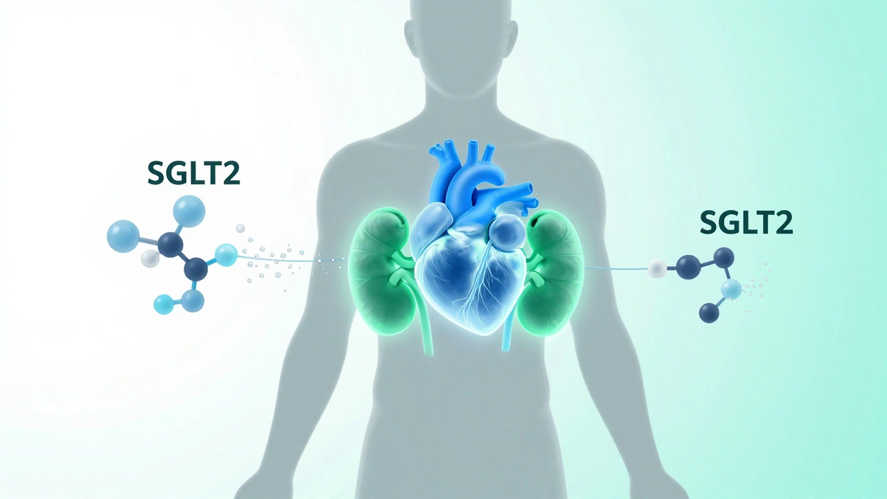 Illustration of protected heart and kidneys with drug molecules