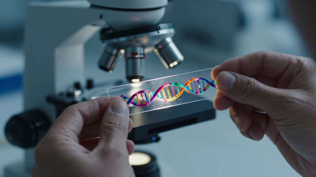 Microscope view of cancer biomarkers and DNA in a lab