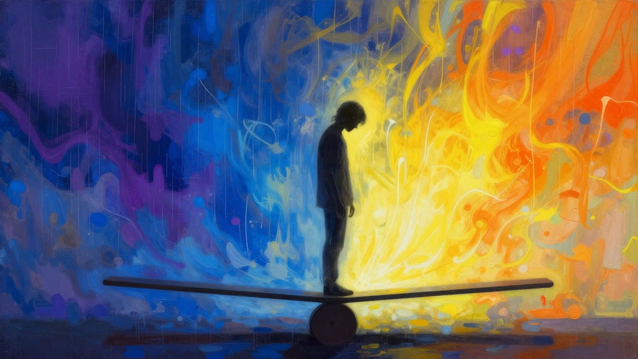 Silhouette balancing between blue depression and yellow mania colors