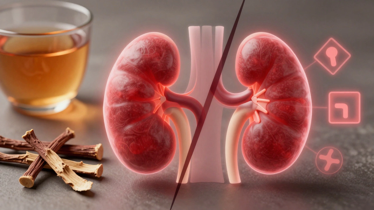 Split image showing licorice root and stylized kidneys indicating chemical imbalance