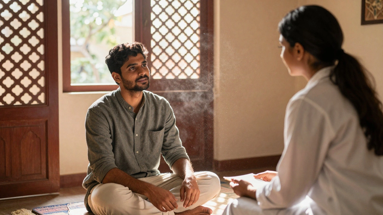 Therapy session in sunlit room with Indian architectural details