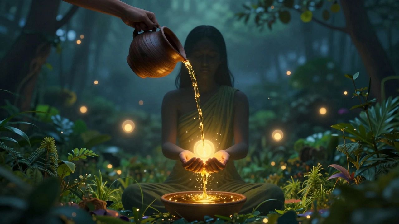 Woman pouring warm oil in garden, glowing energy orbs around