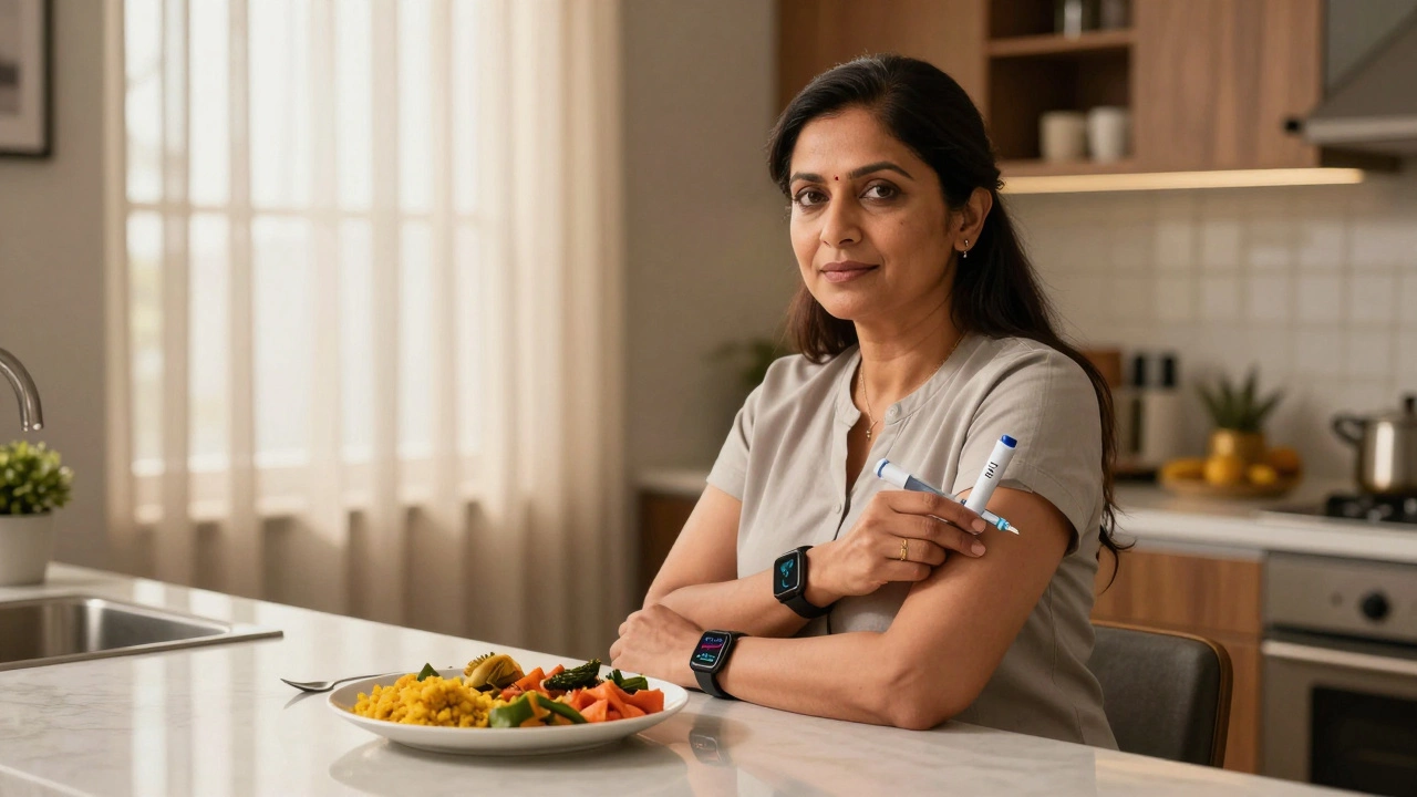 Woman preparing a GLP-1 injection with healthy food nearby