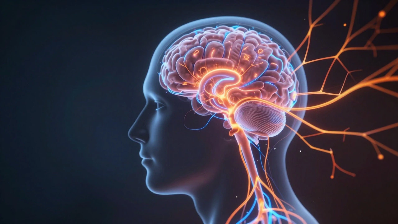 Abstract illustration of an overactive brain amygdala and neural pathways