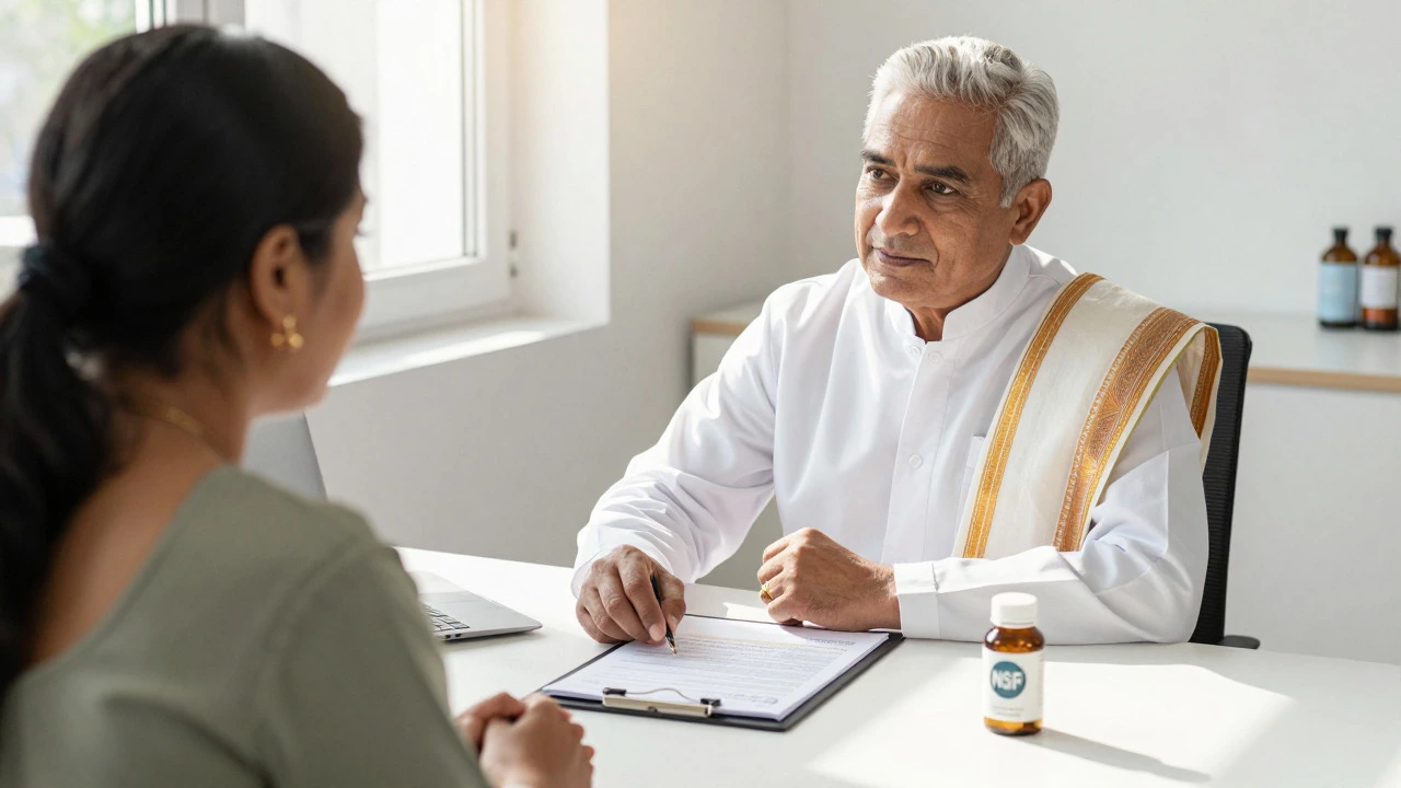 Ayurvedic doctor reviewing certified supplement labels