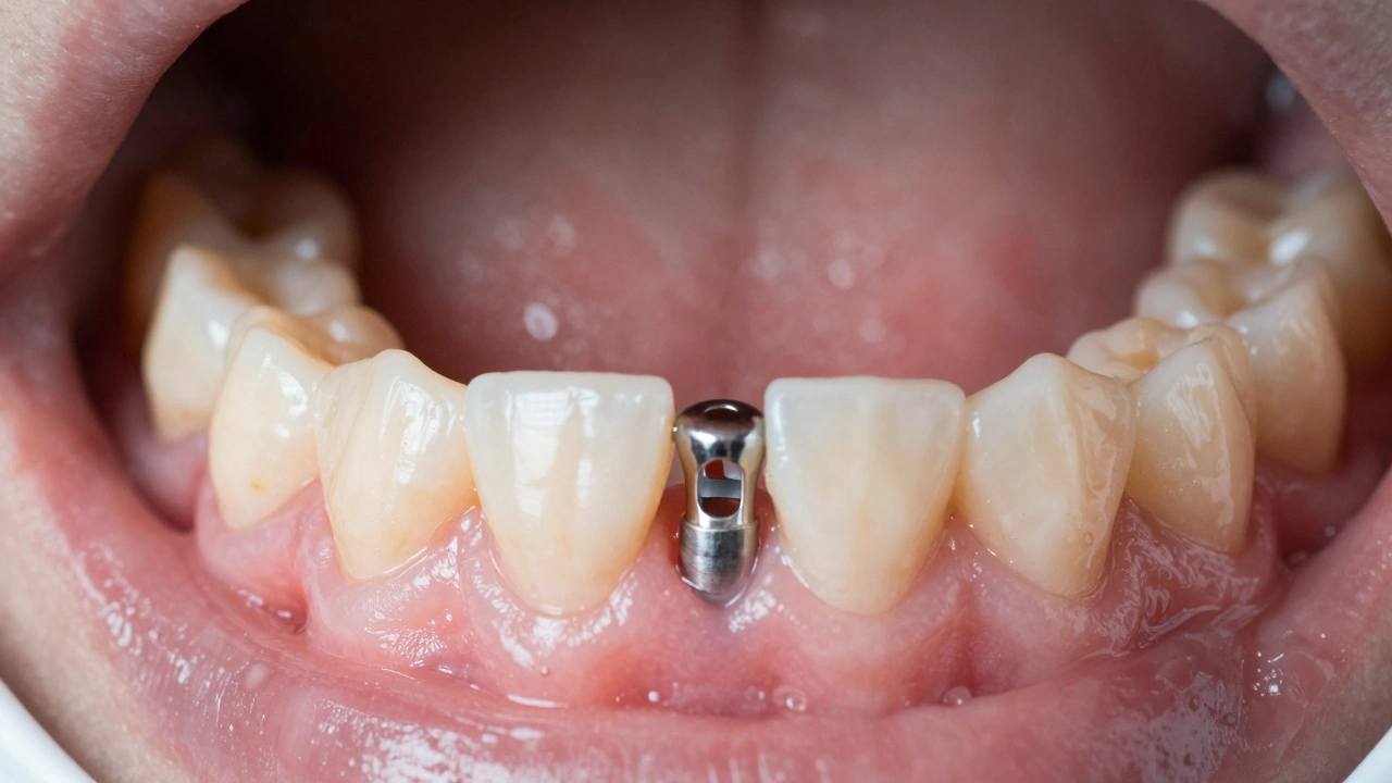 Close-up of healing abutment in gum tissue during recovery phase