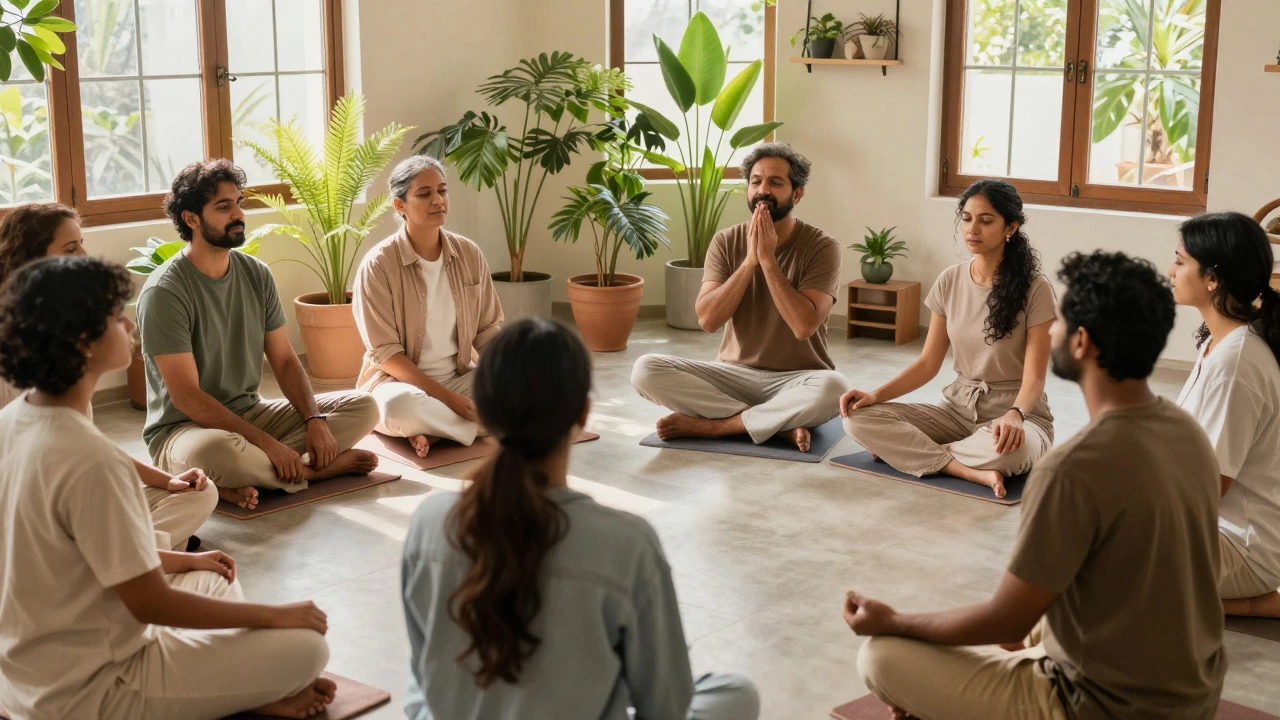 Diverse group practicing mindfulness and therapy in a sunlit room
