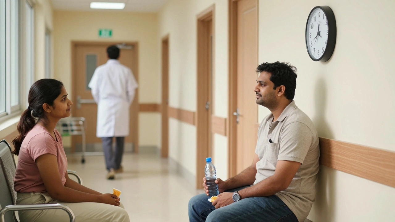 Family member waiting calmly in a hospital corridor during recovery