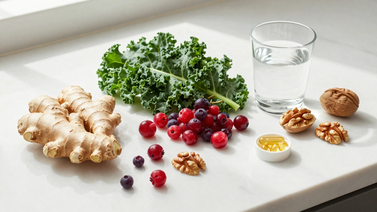 Fresh anti-inflammatory foods like ginger and berries on counter