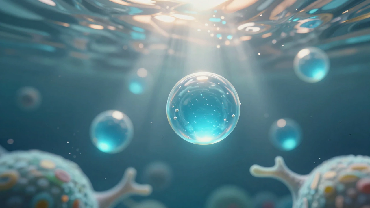 Glowing blue omega-3 oil droplets suspended in water