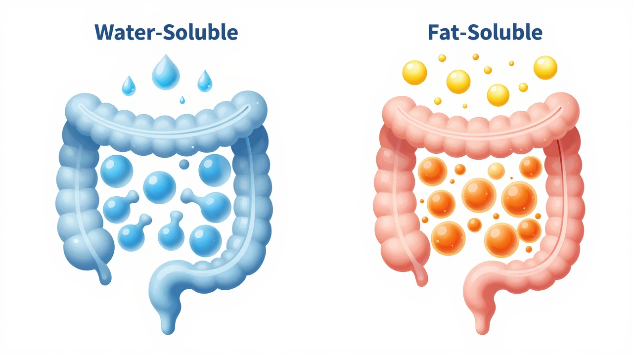 Illustration comparing water-soluble and fat-soluble vitamin absorption in the body